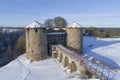 View of the towers of the Koporskaya fortress, February day. Leningrad region, Russia Royalty Free Stock Photo