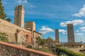 View of towers and wall in the historic center of San Gimignano city, Tuscany Royalty Free Stock Photo