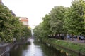 View on a town canal with Horse Chestnut trees