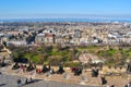 View on the town center, bay, princess street gardens and streets of the Edinburgh city from the castle