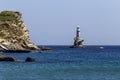 View of the town lighthouse Tourlitis and the sea Greece, island Andros, Cyclades