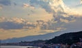 View of the town on the slope of the mountains, town by the sea in Italy, buildings located on the hills