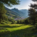 view of the town of Sotres, Picos de Europa, Asturias, Spain, famous for the manufacture of Cabrales cheese and the Royalty Free Stock Photo