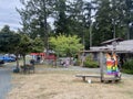 A view of the town square on Denman Island with a cafe and arts and craft store