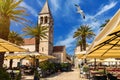 View at town Trogir, old touristic place in Croatia Europe with seagull's flying over city. Trogir town coastal view. Magnificent