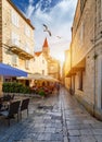 View at town Trogir, old touristic place in Croatia Europe with seagull's flying over city. Trogir town coastal view. Magnificent