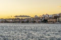 View of the town of Villajoyosa from its fishing port at sunset Royalty Free Stock Photo