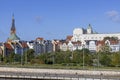 View of townhouses on Piastowski Boulevard, in the background a tower of Szczecin Cathedral, Szczecin, Poland