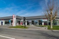 View of the Toyota brand dealership store.