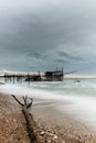 view of the Trabocco Punto le Morge pile dwelling on an overcast an rainy day on the Costa dei Trabocchi in Italy Royalty Free Stock Photo