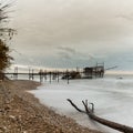view of the Trabocco Punto le Morge pile dwelling on an overcast an rainy day on the Costa dei Trabocchi in Italy Royalty Free Stock Photo