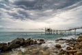 view of the Trabocco Turchino fishing machine and hut on the Abruzzo coast in Italy Royalty Free Stock Photo
