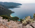 View from the tracking route of the Lycian Trail. Taurus Mountains and blue sea waters. Cennet Koyu Paradise Bay in Bodrum