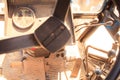 view of tractor dashboard with handles sticks pedals