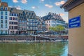 View with traditional Alsatian buildings on Quai des Bateliers, Strasbourg, Alsace, France