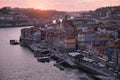 View of  traditional  boats in the morning on river Douro with Porto city in the background, Portugal Royalty Free Stock Photo