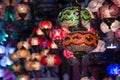 View of traditional bright decorative hanging Turkish lamps and colourful lights with vivid colours in the Grand Bazaar. Istanbul