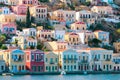 View of traditional colorful houses on Symi island, Greece, Dodecanese Royalty Free Stock Photo