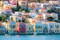 View of traditional colorful houses on Symi island, Greece, Dodecanese Royalty Free Stock Photo