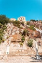 View of traditional colorful houses on Symi island, Greece, Dodecanese Royalty Free Stock Photo