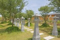 View of traditional Japanese garden with walk pathway and lantern pole