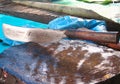 The view of a traditional machete sticking into the wood when not in use