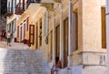 View of traditional neo classical buildings on the charming Greek island of Symi