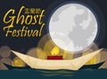 View of Traditional Paper Boat Floating in the River in Ghost Festival, Vector Illustration Royalty Free Stock Photo