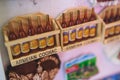 View of traditional tourist souvenirs, presents and gifts from Armenia, fridge magnets with text