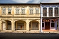 View of traditional two storey shop houses George Town Malaysia