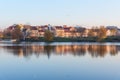 View of Traetskae Pradmestse or Trinity Suburb and Island of Tears Chapel or Island of Courage and Sorrow on Svisloch river bank