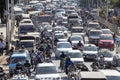 View of traffic jam on central street in Kathmandu, Nepal. Crowded traffic jam road in city Royalty Free Stock Photo