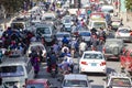 View of traffic jam on the day time in Kathmandu, Nepal. Crowded traffic jam road in city Royalty Free Stock Photo