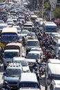 View of traffic jam on the day time in Kathmandu, Nepal. Crowded traffic jam road in city Royalty Free Stock Photo