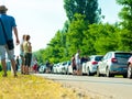 View on the traffic jam and people waiting at the Serbian Hungarian border