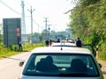 View on the traffic jam and people waiting at the Serbian Hungarian border