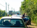 View on the traffic jam and people waiting at the Serbian Hungarian border