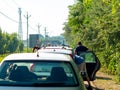 View on the traffic jam and people waiting at the Serbian Hungarian border