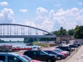 View on the traffic and the Tisza river and the Belvarosi bridge in Szeged, Hungary on a sunny day Royalty Free Stock Photo