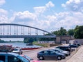 View on the traffic and the Tisza river and the Belvarosi bridge in Szeged, Hungary on a sunny day