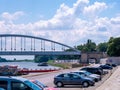 View on the traffic and the Tisza river and the Belvarosi bridge in Szeged, Hungary on a sunny day