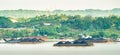 View of traffic of tugboats pulling barge of coal at Mahakam River, Samarinda, Indonesia.