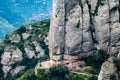 View of trail atop the trainline platform above Cathedral at Santa Maria de Montserrat abbey in Monistrol, Catalonia, Spain