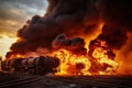 View of a train derailed exploding with fire and smoke.