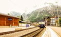 View of train from Grindelwald train station in swiss alpine Jungfrau region, Grindelwald, Bernese Oberland, Bern, Switzerland
