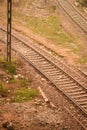 View of train Railway Tracks from the middle during daytime at Kathgodam railway station in India, Train railway track view,