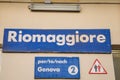 View of train station name in Riomaggiore, Cinque Terre, Italy Royalty Free Stock Photo