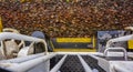 View of train track from the boarding platform of a speeding locomotive Royalty Free Stock Photo