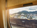 View from Train window countryside scene Travel trip Journey Royalty Free Stock Photo