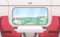 View from train window flat vector illustration. Modern railway carriage interior with comfortable red chairs and small Royalty Free Stock Photo